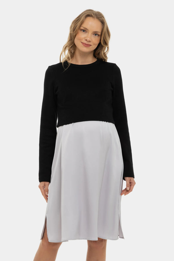 Satijnen zwangerschapsjurk- en voedingsjurk met trui – pearl