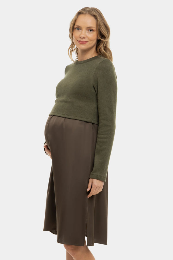 Satijnen zwangerschapsjurk- en voedingsjurk met trui – olijfgroen