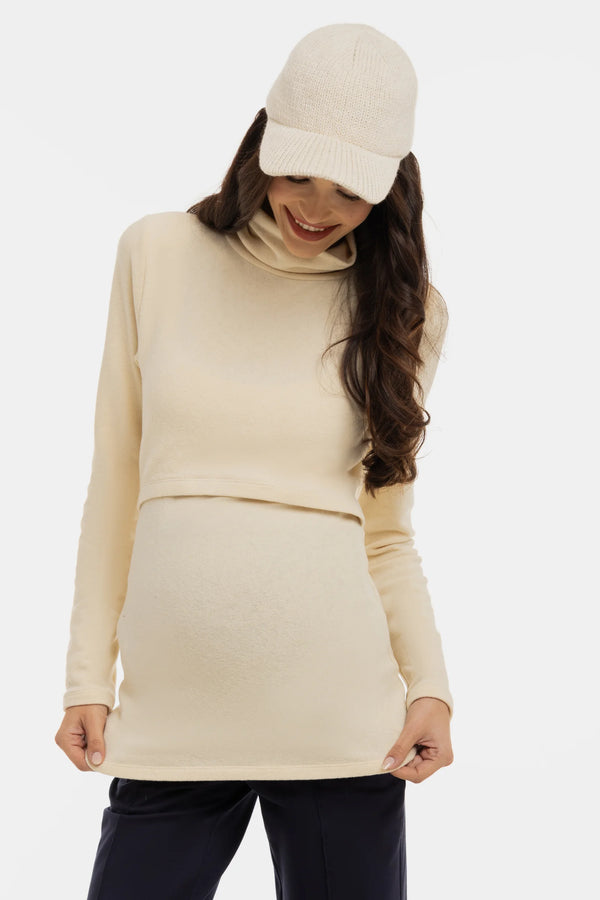 Fijngebreide katoenen Zwangerschaps- en voedingstrui - ecru