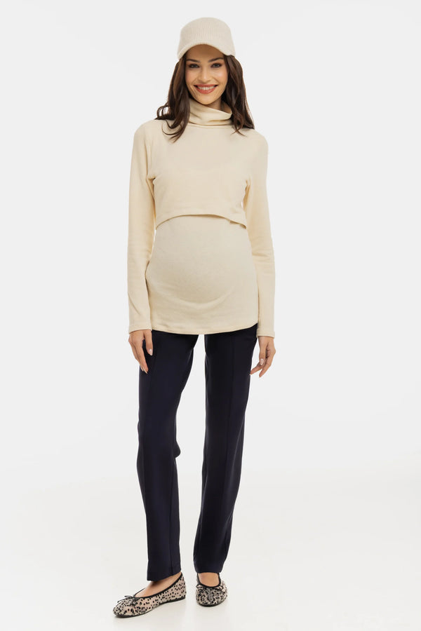 Fijngebreide katoenen Zwangerschaps- en voedingstrui - ecru