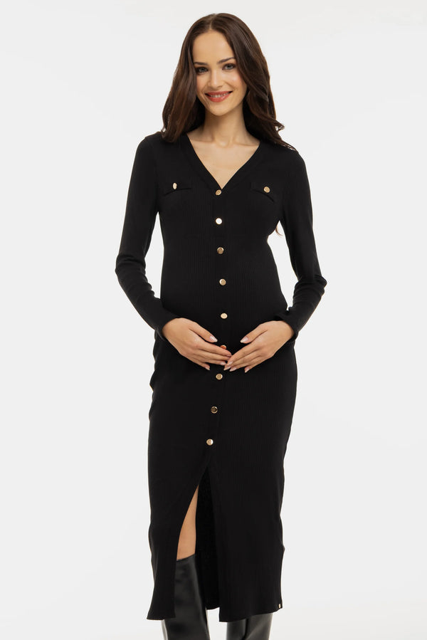 Zwangerschaps- en voedingsjurk met gouden knopen - zwart