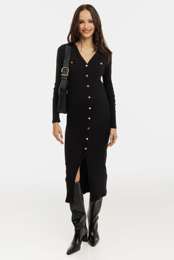 Zwangerschaps- en voedingsjurk met gouden knopen - zwart