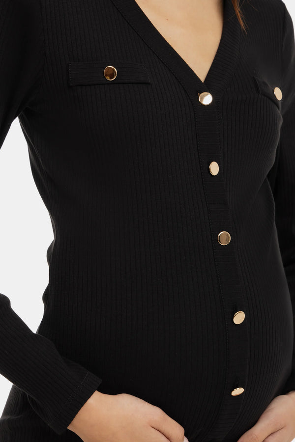 Zwangerschaps- en voedingsjurk met gouden knopen - zwart