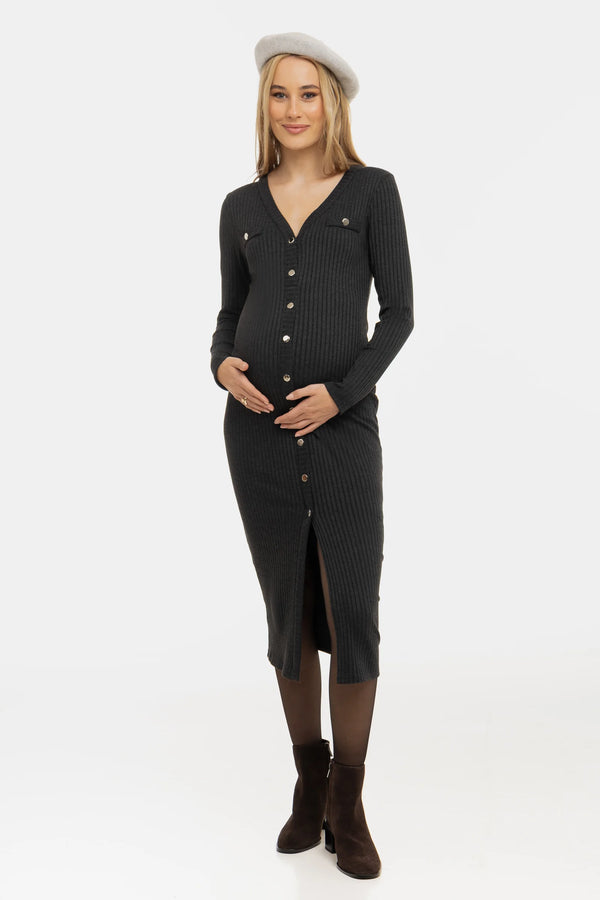 Gebreide zwangerschaps- en voedingsjurk met knopen - antraciet