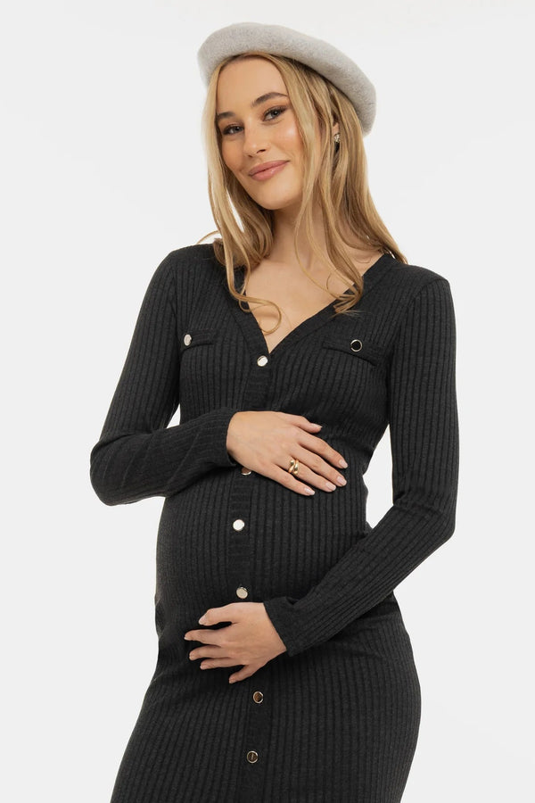 Gebreide zwangerschaps- en voedingsjurk met knopen - antraciet