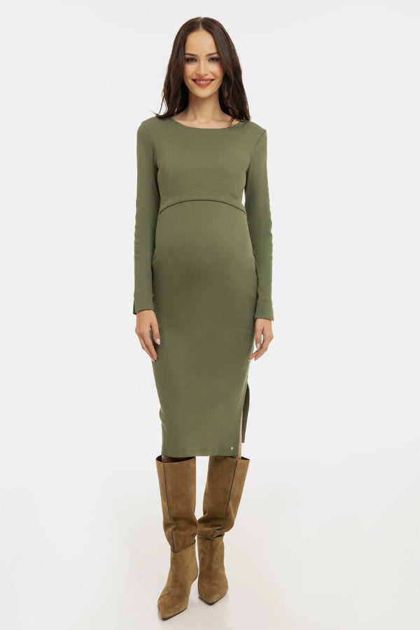 Lange rib zwangerschaps- en voedingsjurk met lange mouwen - khaki
