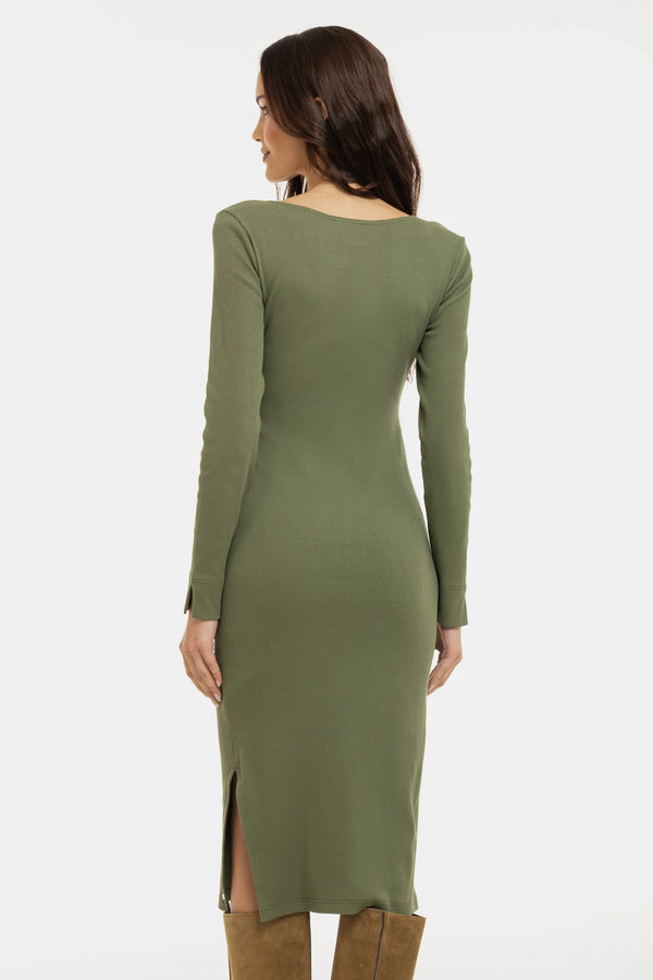 Lange rib zwangerschaps- en voedingsjurk met lange mouwen - khaki