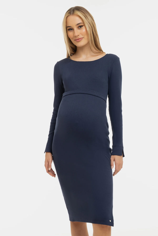 Lange rib zwangerschaps- en voedingsjurk met lange mouwen - navy