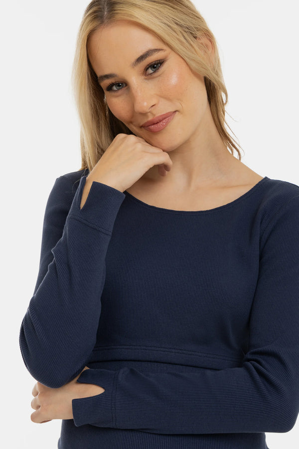 Lange rib zwangerschaps- en voedingsjurk met lange mouwen - navy