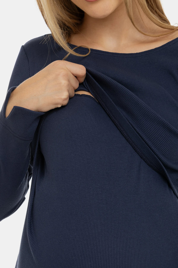 Lange rib zwangerschaps- en voedingsjurk met lange mouwen - navy