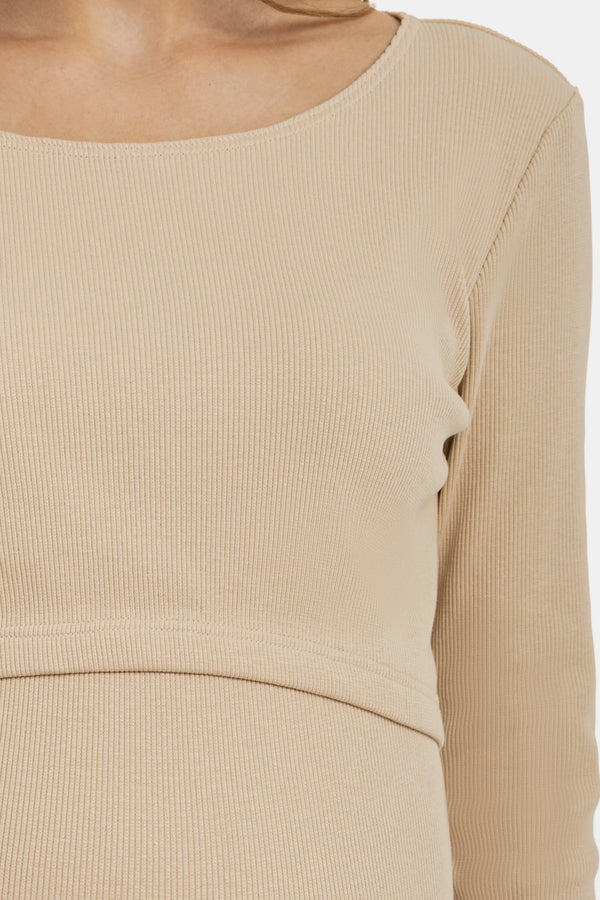 Lange rib zwangerschaps- en voedingsjurk met lange mouwen - sand