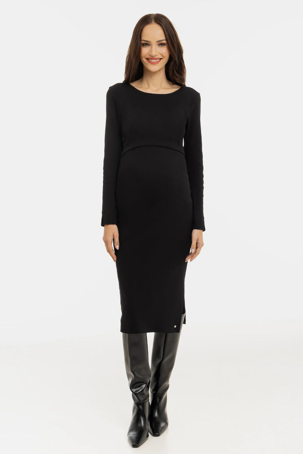Lange rib zwangerschaps- en voedingsjurk met lange mouwen - zwart