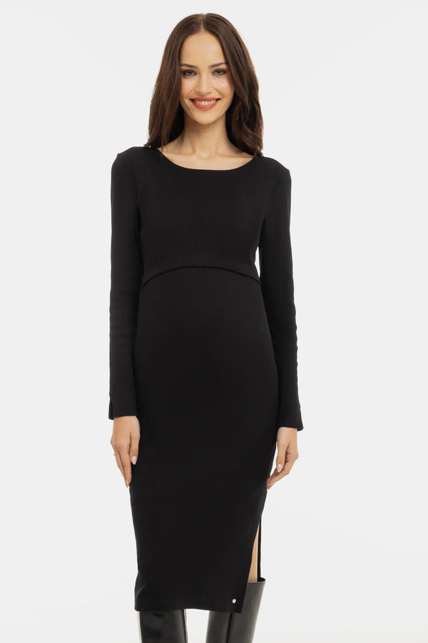 Lange rib zwangerschaps- en voedingsjurk met lange mouwen - zwart