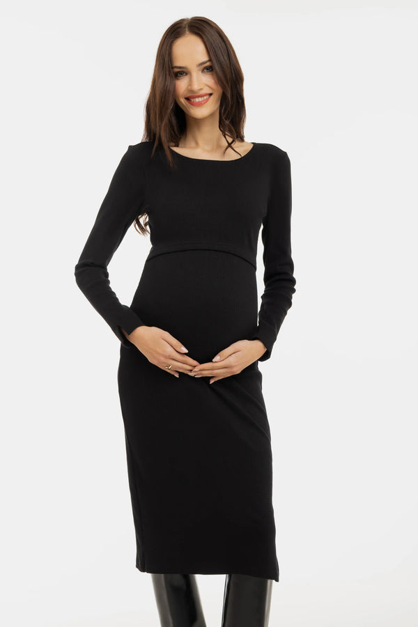 Lange rib zwangerschaps- en voedingsjurk met lange mouwen - zwart