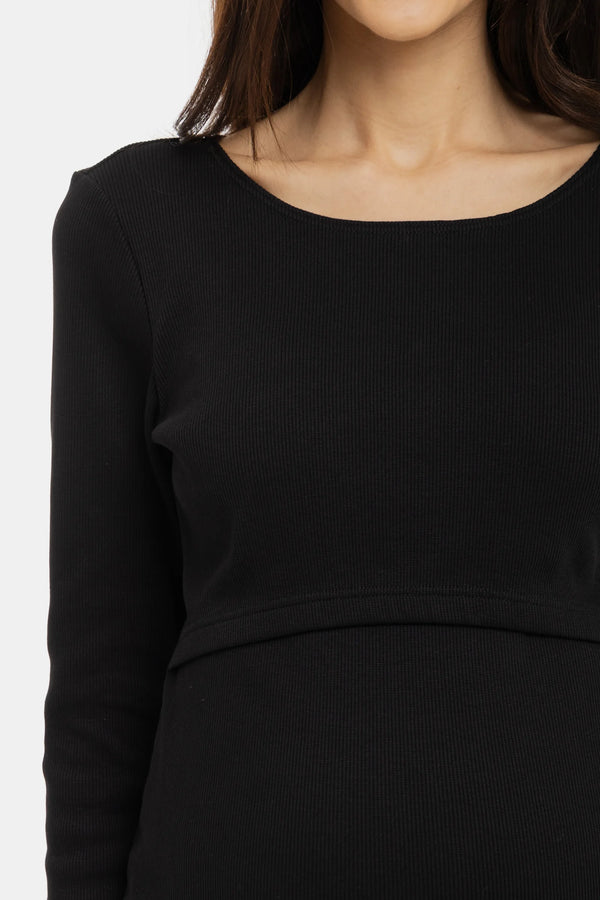 Lange rib zwangerschaps- en voedingsjurk met lange mouwen - zwart