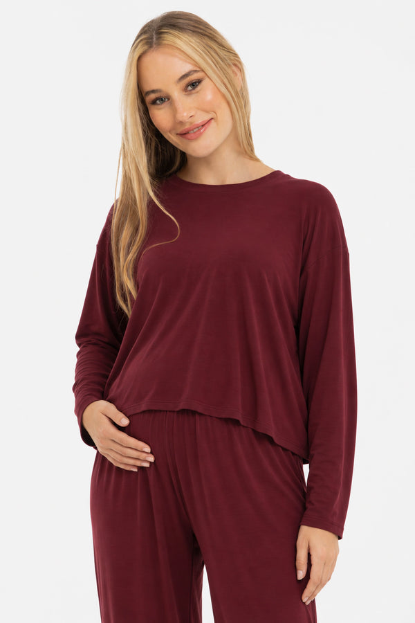 Bordeaux cropped zwangerschaps- en voedingstop met lange mouwen
