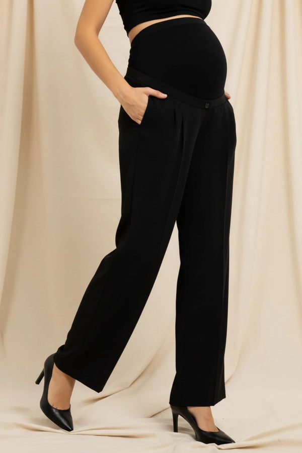 Crêpe wijde zwangerschapsbroek met plooien - zwart