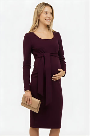 Elegante lange zwangerschapsjurk met brede riem - Bordeaux-1