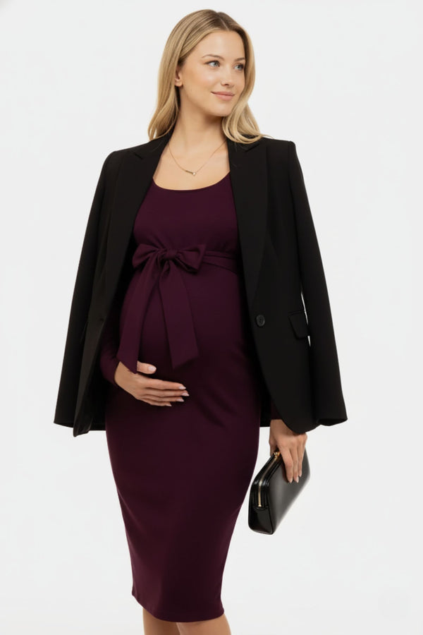 Elegante lange zwangerschapsjurk met brede riem - Bordeaux met Blazer