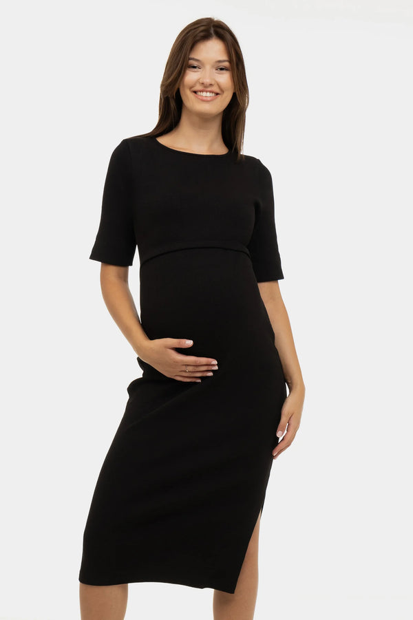 Katoenen ribtricot zwangerschaps- en voedingsjurk - zwart