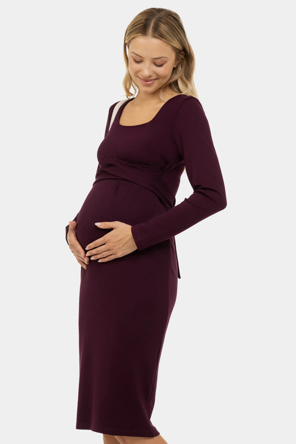 Elegante lange zwangerschapsjurk met brede riem - Bordeaux