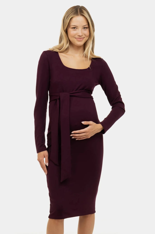 Elegante lange zwangerschapsjurk met brede riem - Bordeaux