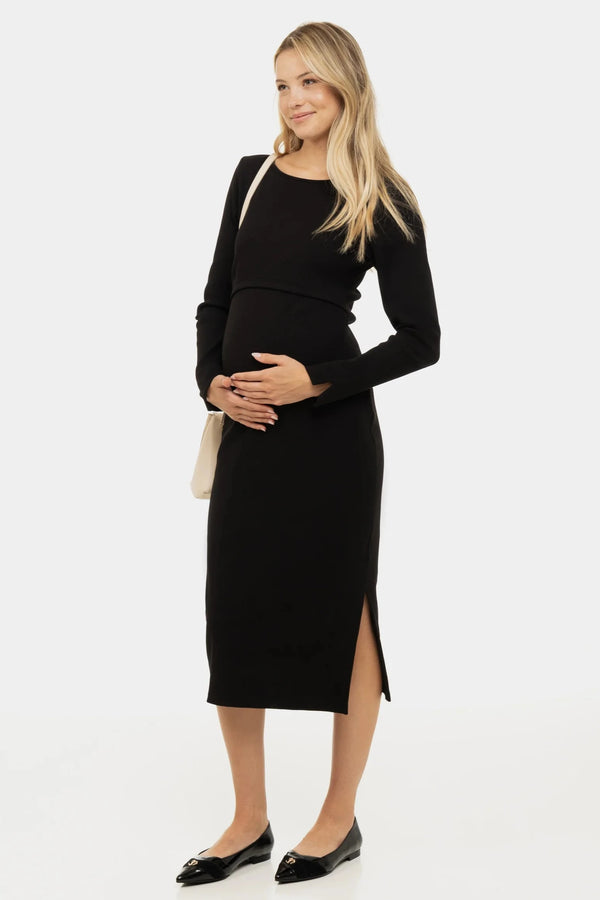 Lange rib zwangerschaps- en voedingsjurk met lange mouwen - zwart