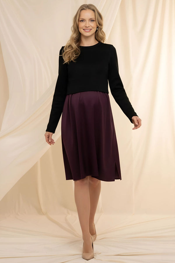 Satijnen zwangerschapsjurk- en voedingsjurk met trui – bordeaux-front