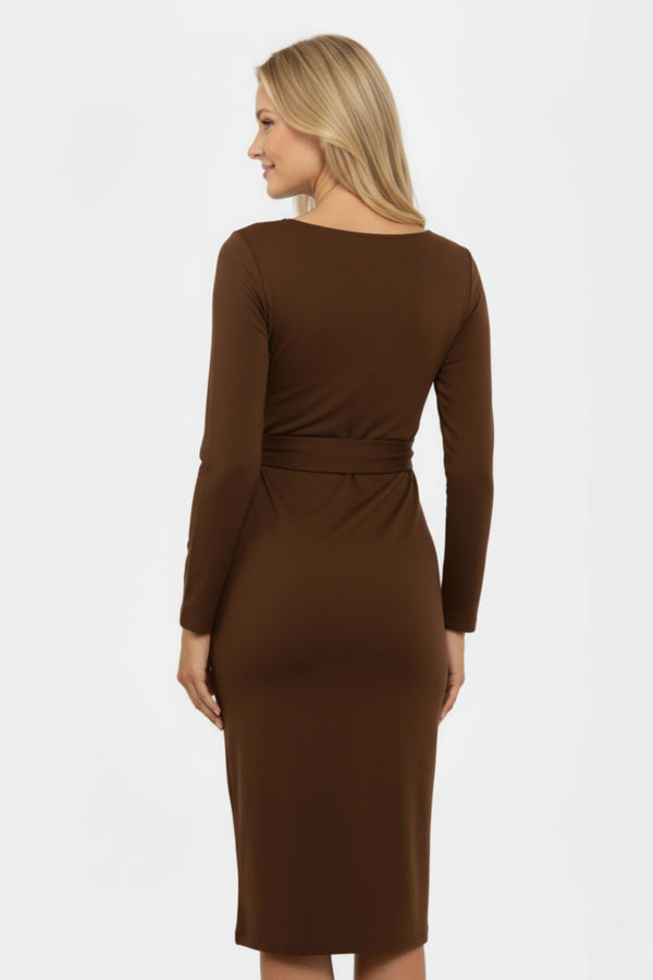 Elegante lange zwangerschapsjurk met brede riem - Bruin