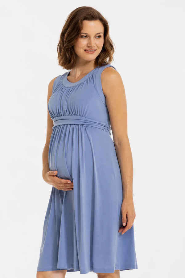 Elegante zwangerschapsjurk met geplooide band - blauw