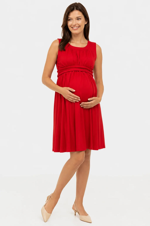 Elegante zwangerschapsjurk met geplooide band - rood