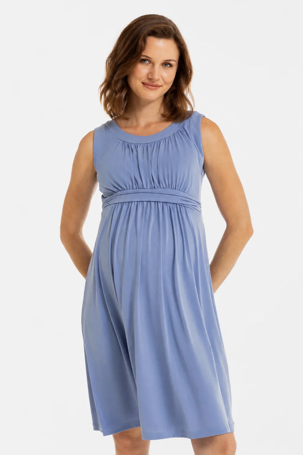 Elegante zwangerschapsjurk met geplooide band - blauw