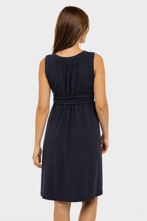 Elegante zwangerschapsjurk met geplooide band - donkerblauw