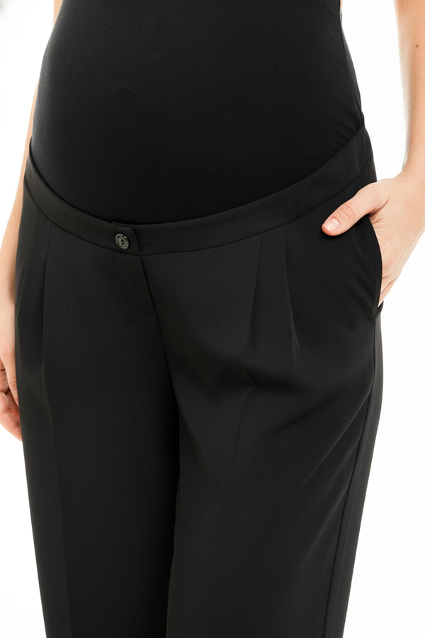 Crêpe wijde zwangerschapsbroek met plooien - zwart