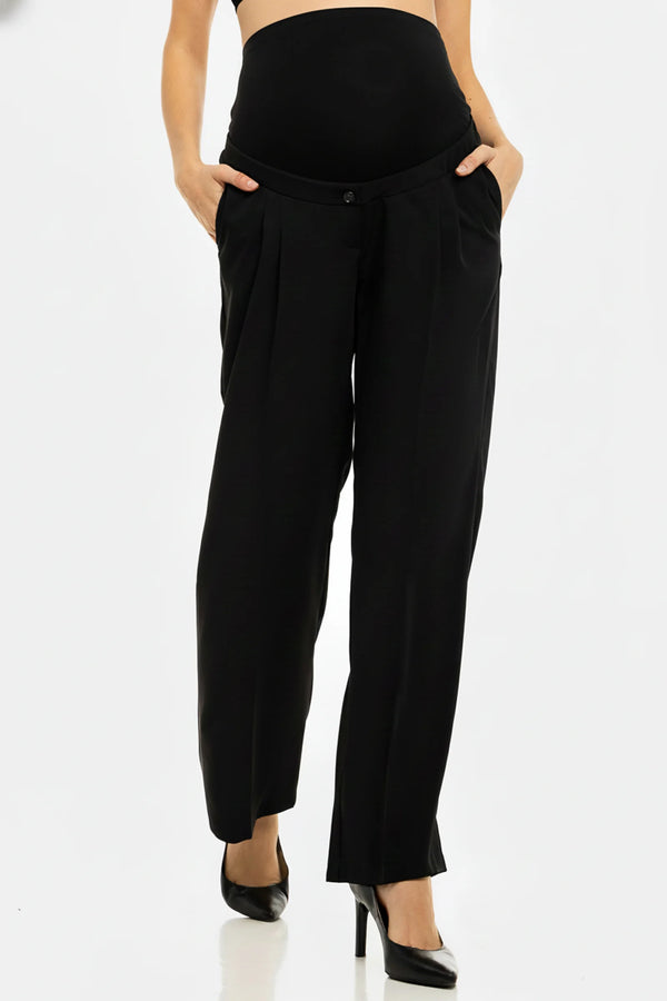 Crêpe wijde zwangerschapsbroek met plooien - zwart
