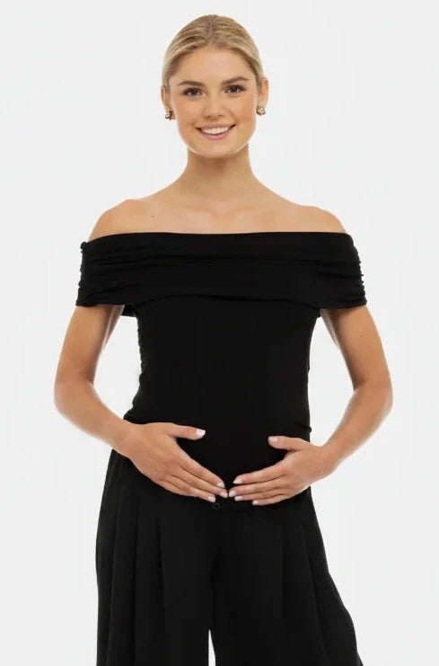 Elegante zwangerschapsblouse met off-shoulder – zwart