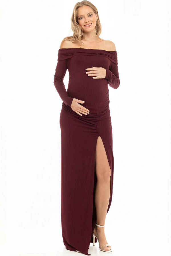 Lange Off-Shoulder Zwangerschapsjurk met Split - Bordeaux