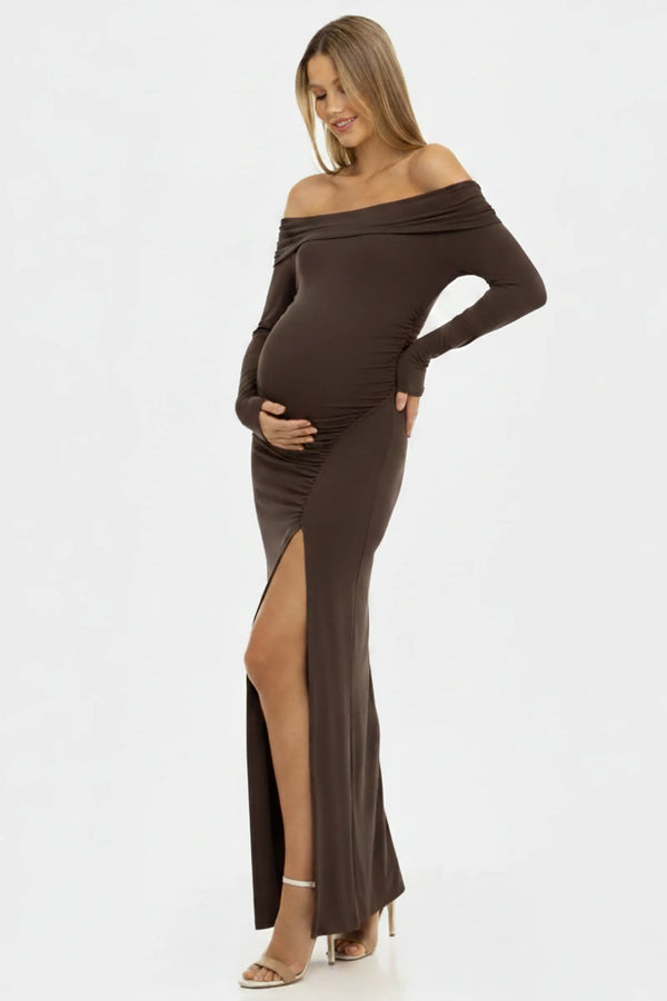 Lange Off-Shoulder Zwangerschapsjurk met Split - Donkerbruin