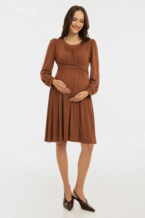 Elegante zwangerschapsjurk met geplooide details - caramel