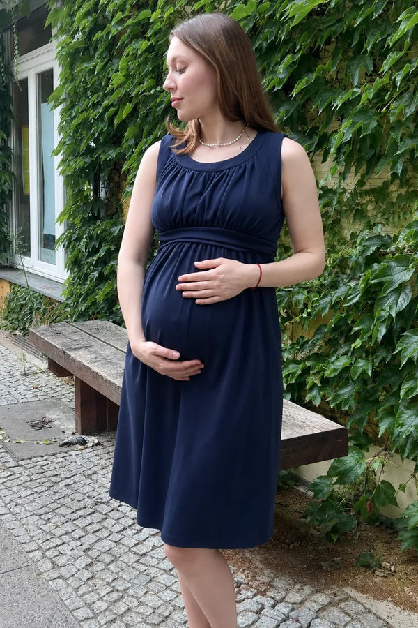 Elegante zwangerschapsjurk met geplooide band - donkerblauw