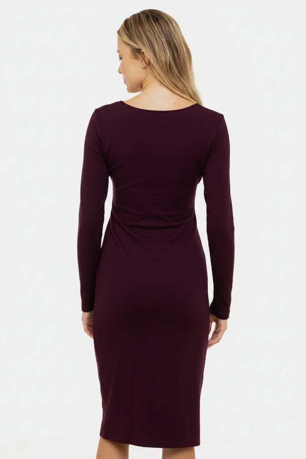 Elegante lange zwangerschapsjurk met brede riem - Bordeaux