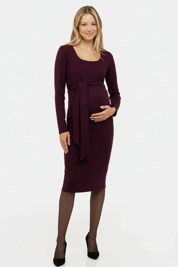 Elegante lange zwangerschapsjurk met brede riem - Bordeaux