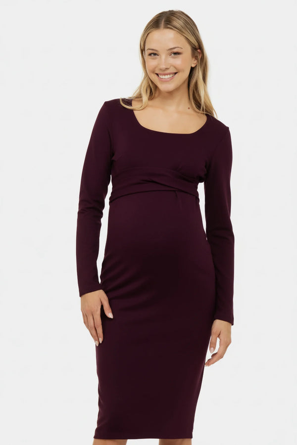 Elegante lange zwangerschapsjurk met brede riem - Bordeaux
