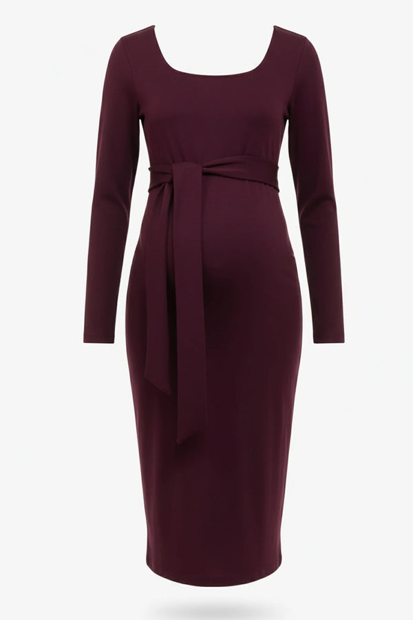 Elegante lange zwangerschapsjurk met brede riem - Bordeaux