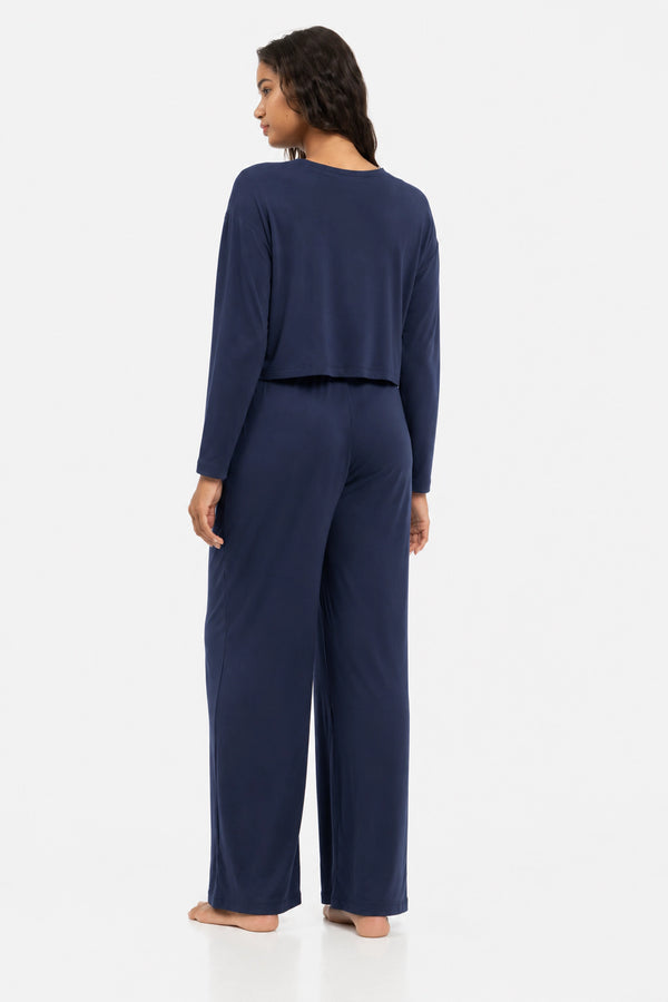 Donkerblauwe flared zwangerschapsbroek met verstelbare taille
