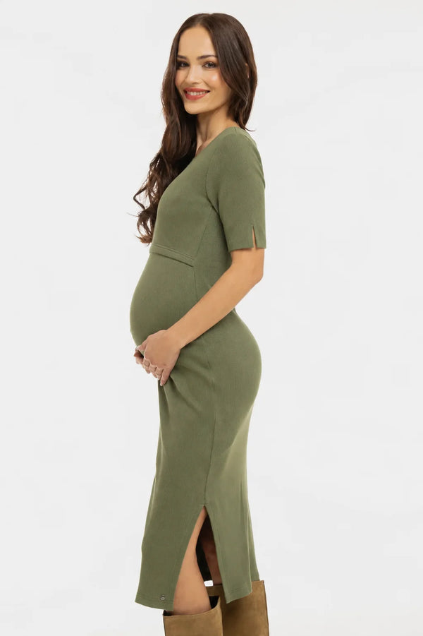 Katoenen ribtricot zwangerschaps- en voedingsjurk - khaki