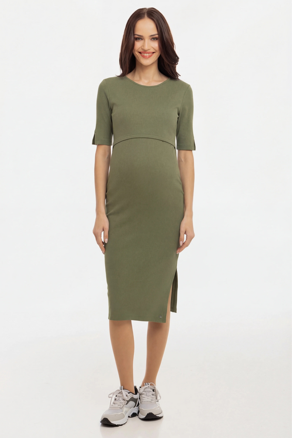 Katoenen ribtricot zwangerschaps- en voedingsjurk - khaki