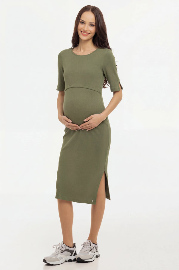 Katoenen ribtricot zwangerschaps- en voedingsjurk - khaki