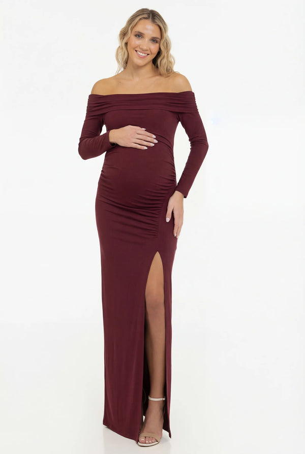 Lange Off-Shoulder Zwangerschapsjurk met Split - Bordeaux