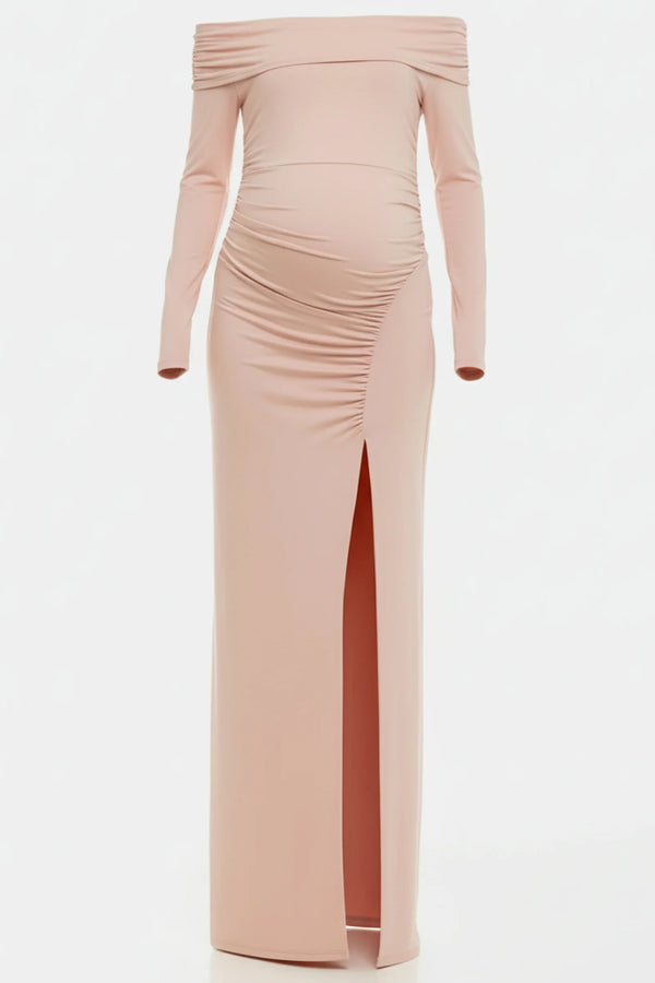 Lange elegante zwangerschapsjurk met off-shoulder - poeder